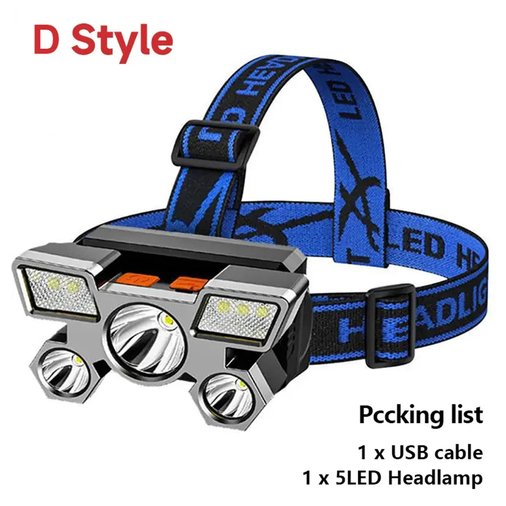 High-Quality 5 LED Rechargeable Flashlight with Built-in Battery Strong Light Headlamp for Camping, Adventure, and Fishing