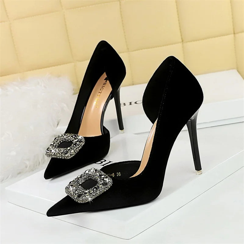 Fashion Women High Heel Rhinestone Buckle Bow Green Pink Pointed Toe Party Pumps Velvet Luxury Elegant Wedding Evening Shoes