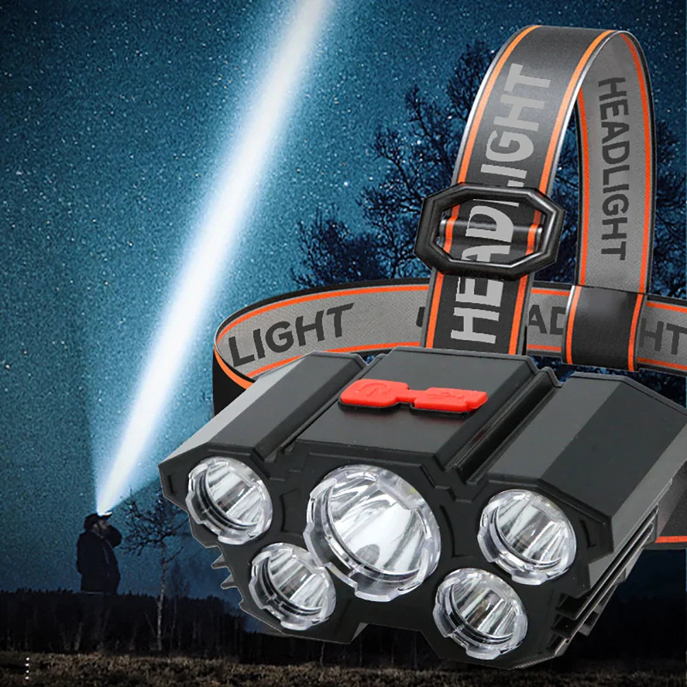 High-Quality 5 LED Rechargeable Flashlight with Built-in Battery Strong Light Headlamp for Camping, Adventure, and Fishing