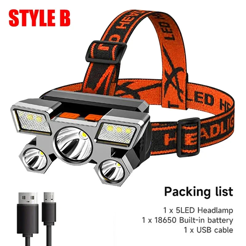 High-Quality 5 LED Rechargeable Flashlight with Built-in Battery Strong Light Headlamp for Camping, Adventure, and Fishing