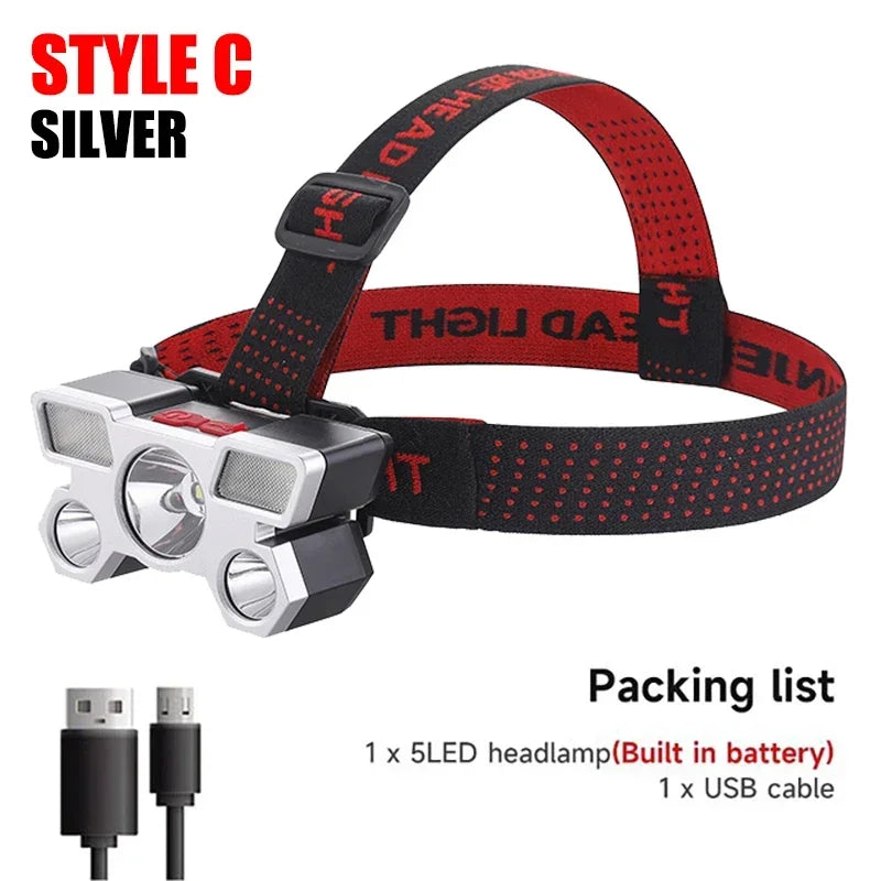 High-Quality 5 LED Rechargeable Flashlight with Built-in Battery Strong Light Headlamp for Camping, Adventure, and Fishing