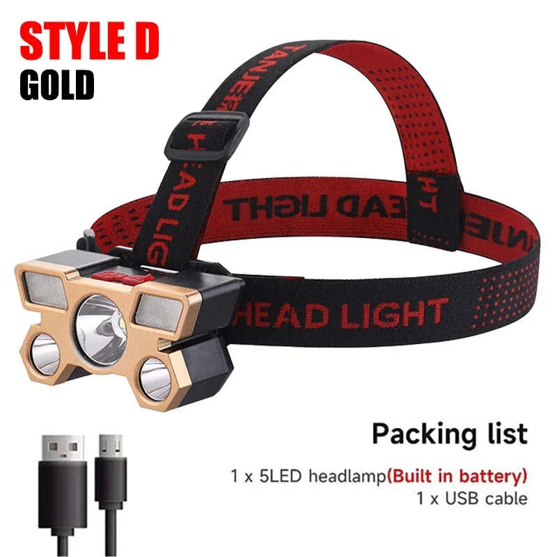 High-Quality 5 LED Rechargeable Flashlight with Built-in Battery Strong Light Headlamp for Camping, Adventure, and Fishing