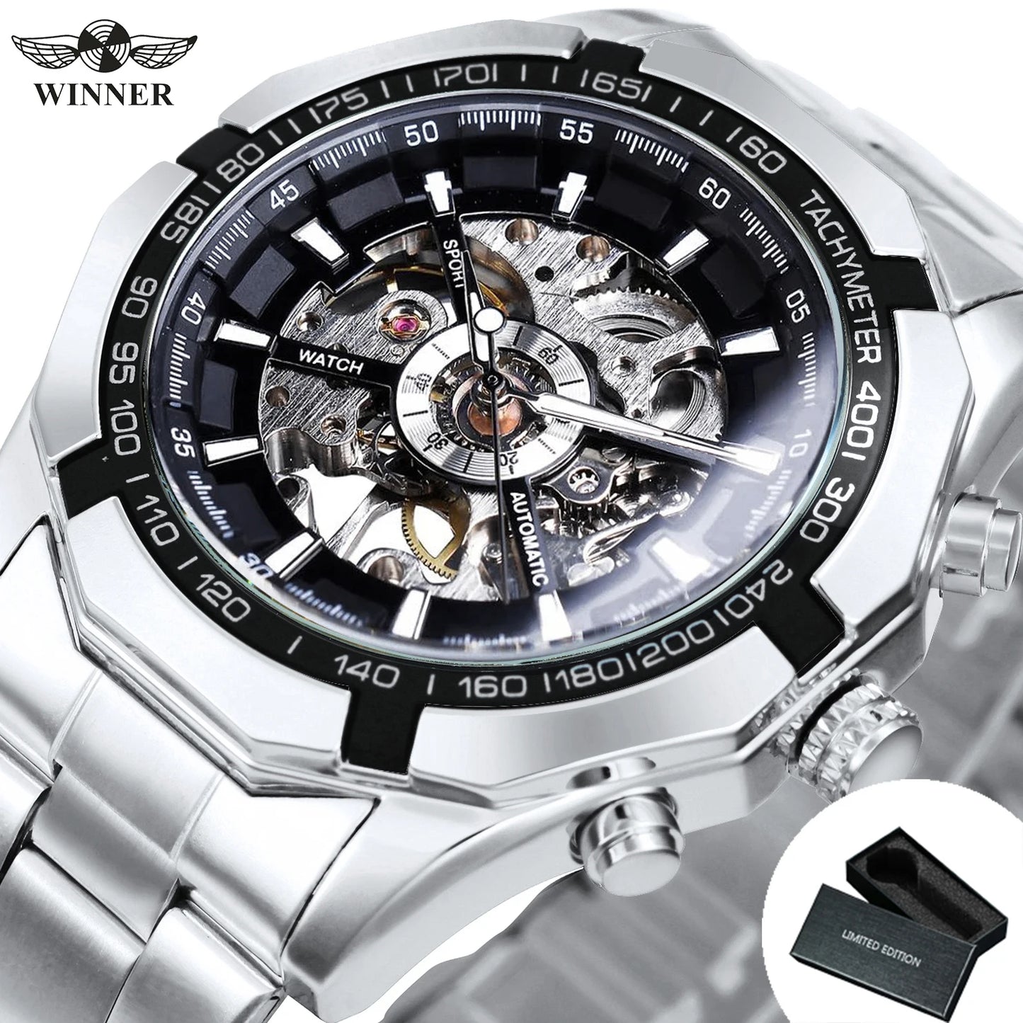 Forsining 2021 Stainless Steel Waterproof Mens Skeleton Watches Top Brand Luxury Transparent Mechanical Sport Male Wrist Watches