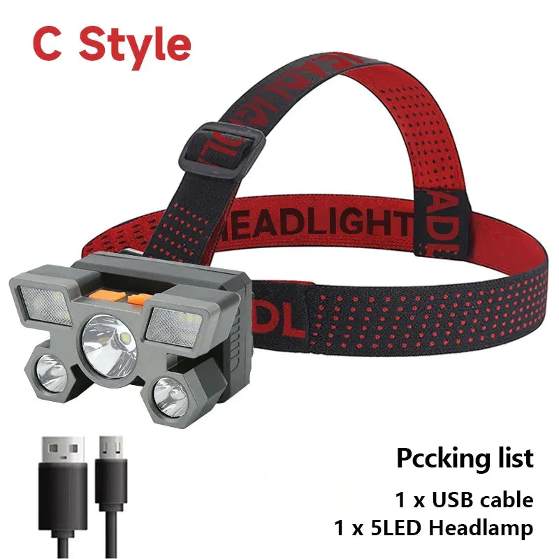 High-Quality 5 LED Rechargeable Flashlight with Built-in Battery Strong Light Headlamp for Camping, Adventure, and Fishing