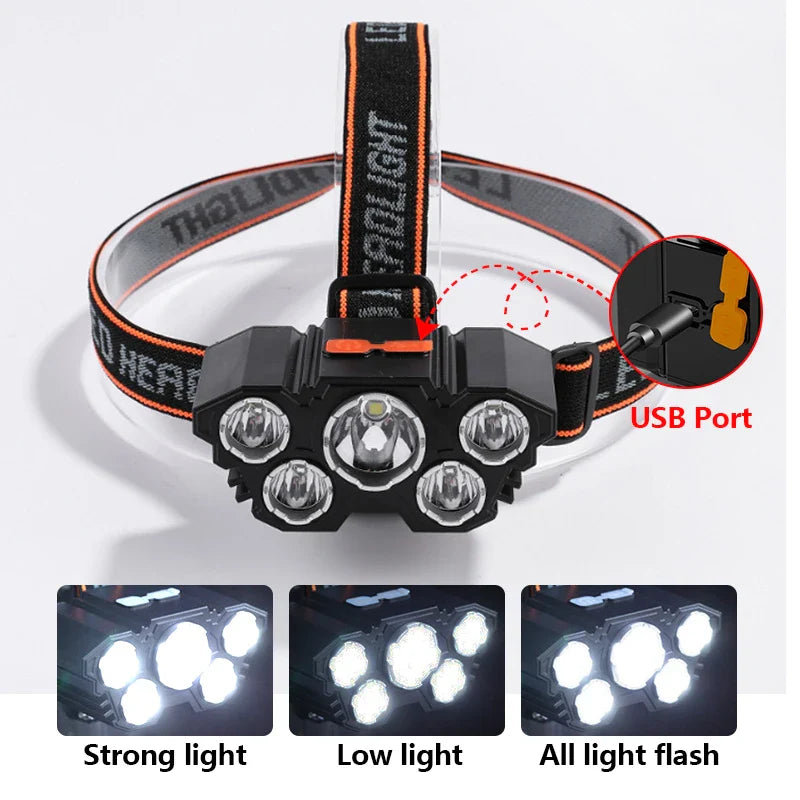 High-Quality 5 LED Rechargeable Flashlight with Built-in Battery Strong Light Headlamp for Camping, Adventure, and Fishing