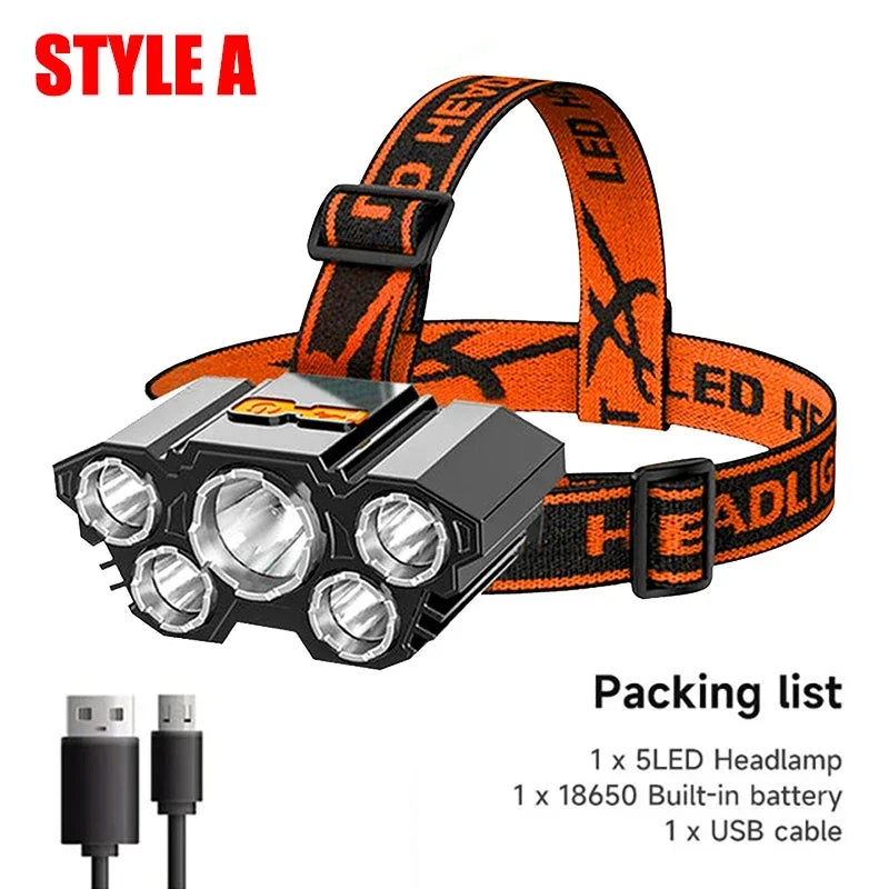 High-Quality 5 LED Rechargeable Flashlight with Built-in Battery Strong Light Headlamp for Camping, Adventure, and Fishing