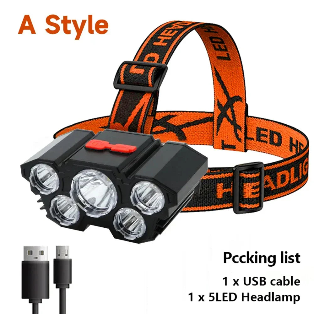 High-Quality 5 LED Rechargeable Flashlight with Built-in Battery Strong Light Headlamp for Camping, Adventure, and Fishing