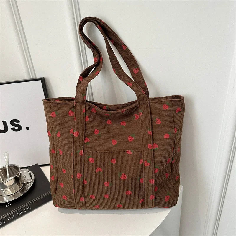 Corduroy Strawberry Shoulder Tote Bag – Large Capacity Women’s Handbag