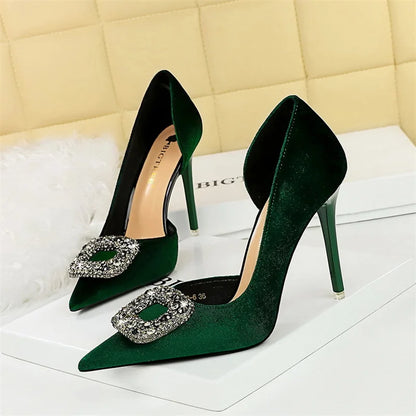Fashion Women High Heel Rhinestone Buckle Bow Green Pink Pointed Toe Party Pumps Velvet Luxury Elegant Wedding Evening Shoes