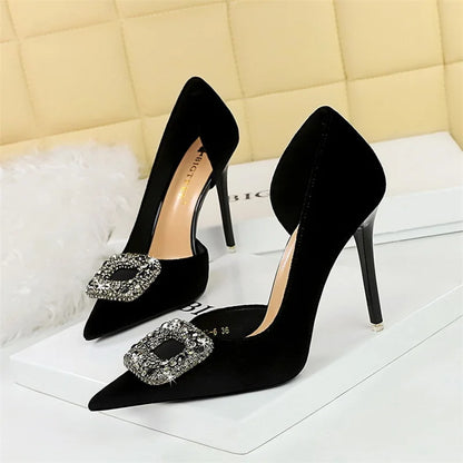 Fashion Women High Heel Rhinestone Buckle Bow Green Pink Pointed Toe Party Pumps Velvet Luxury Elegant Wedding Evening Shoes