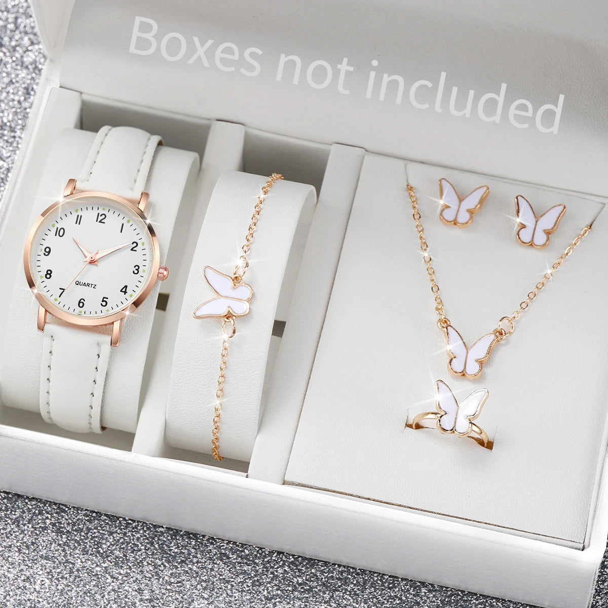 6PCS/Set Women's Watch Fashion Rhinestone Stainless Steel Band Quartz Watch Double Heart Jewelry Set(Without Box)