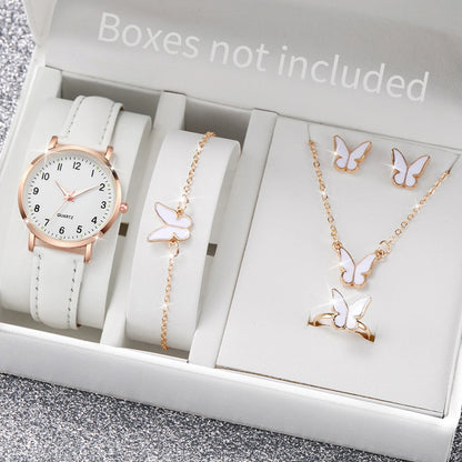 6PCS/Set Women's Watch Fashion Rhinestone Stainless Steel Band Quartz Watch Double Heart Jewelry Set(Without Box)