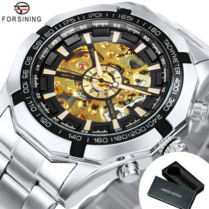 Forsining 2021 Stainless Steel Waterproof Mens Skeleton Watches Top Brand Luxury Transparent Mechanical Sport Male Wrist Watches