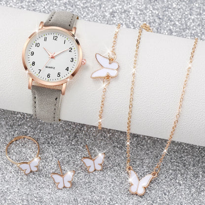 6PCS/Set Women's Watch Fashion Rhinestone Stainless Steel Band Quartz Watch Double Heart Jewelry Set(Without Box)