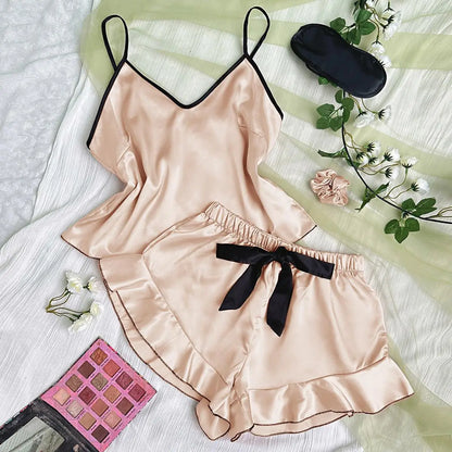 Women's Satin Pajamas V-Neck T-Shirt Ruffled Edges And Bow Shorts Set