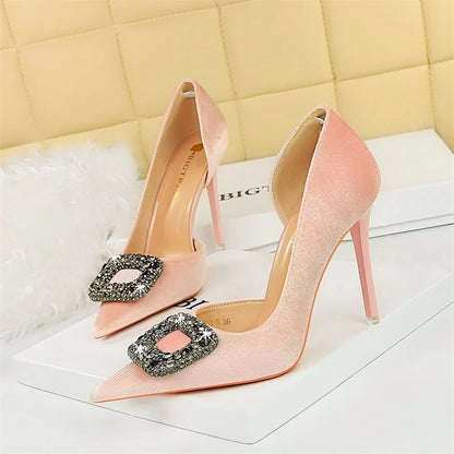 Fashion Women High Heel Rhinestone Buckle Bow Green Pink Pointed Toe Party Pumps Velvet Luxury Elegant Wedding Evening Shoes