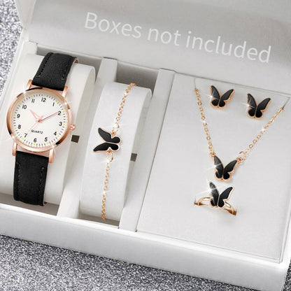 6PCS/Set Women's Watch Fashion Rhinestone Stainless Steel Band Quartz Watch Double Heart Jewelry Set(Without Box)