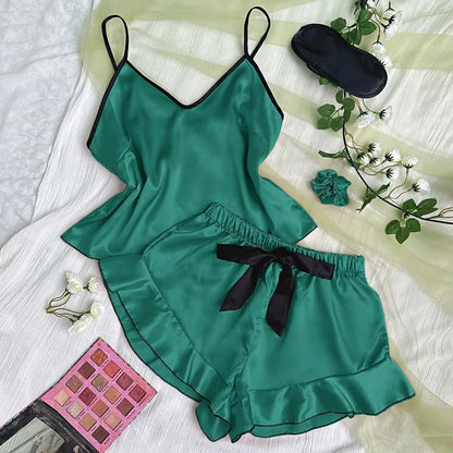 Women's Satin Pajamas V-Neck T-Shirt Ruffled Edges And Bow Shorts Set