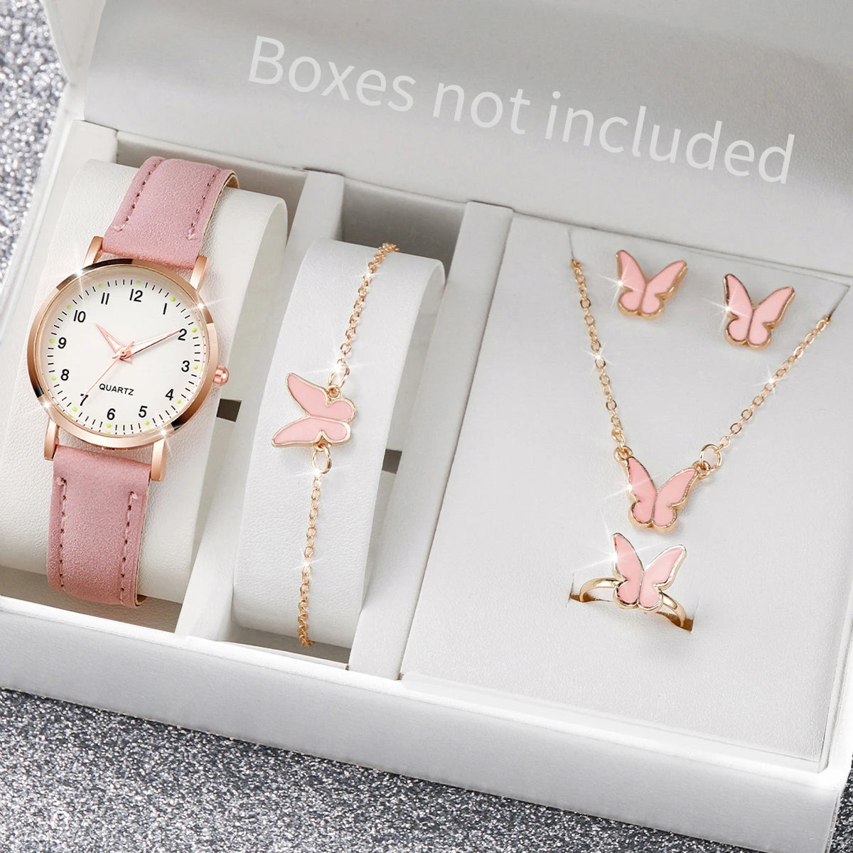 6PCS/Set Women's Watch Fashion Rhinestone Stainless Steel Band Quartz Watch Double Heart Jewelry Set(Without Box)