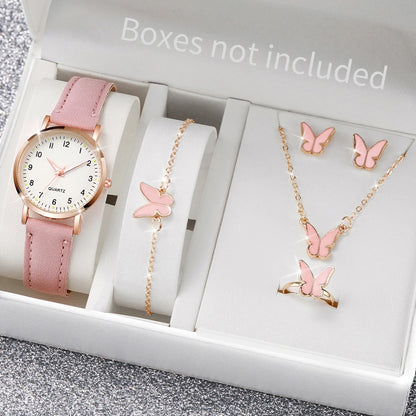 6PCS/Set Women's Watch Fashion Rhinestone Stainless Steel Band Quartz Watch Double Heart Jewelry Set(Without Box)