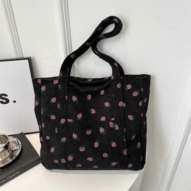 Corduroy Strawberry Shoulder Tote Bag – Large Capacity Women’s Handbag