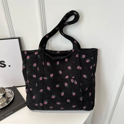 Corduroy Strawberry Shoulder Tote Bag – Large Capacity Women’s Handbag