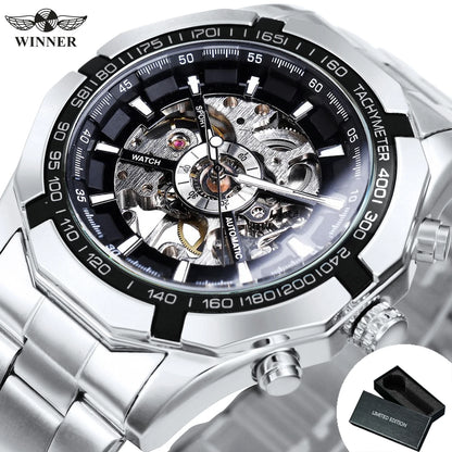 Forsining 2021 Stainless Steel Waterproof Mens Skeleton Watches Top Brand Luxury Transparent Mechanical Sport Male Wrist Watches