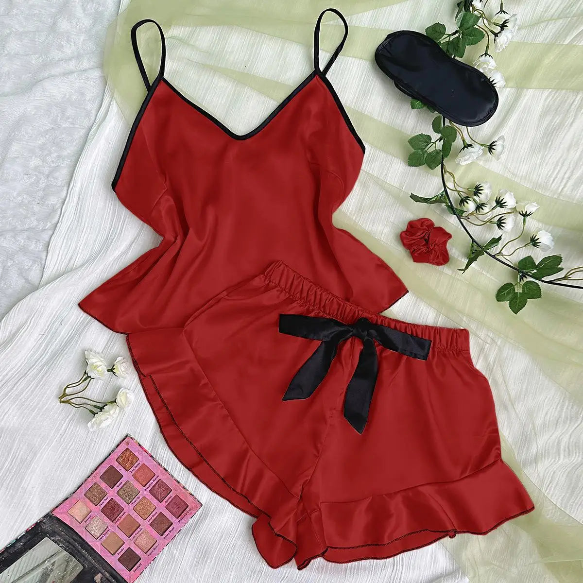 Women's Satin Pajamas V-Neck T-Shirt Ruffled Edges And Bow Shorts Set