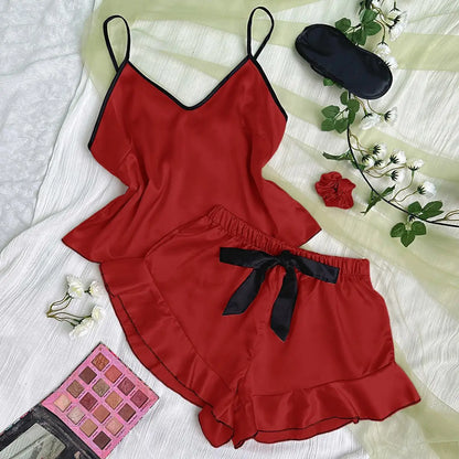 Women's Satin Pajamas V-Neck T-Shirt Ruffled Edges And Bow Shorts Set