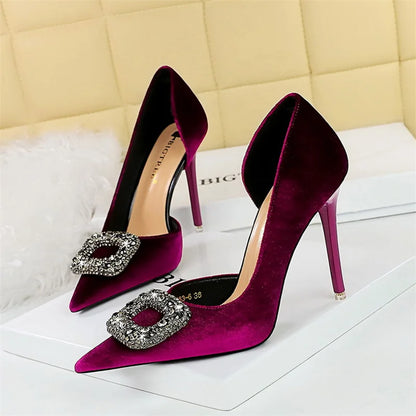 Fashion Women High Heel Rhinestone Buckle Bow Green Pink Pointed Toe Party Pumps Velvet Luxury Elegant Wedding Evening Shoes