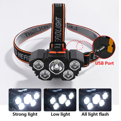 High-Quality 5 LED Rechargeable Flashlight with Built-in Battery  Strong Light Headlamp for Camping, Adventure, and Fishing