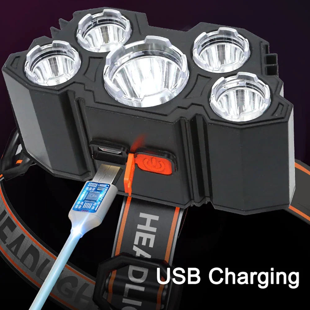 High-Quality 5 LED Rechargeable Flashlight with Built-in Battery  Strong Light Headlamp for Camping, Adventure, and Fishing
