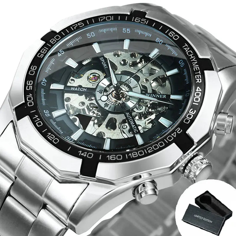 Forsining 2021 Stainless Steel Waterproof Mens Skeleton Watches Top Brand Luxury Transparent Mechanical Sport Male Wrist Watches