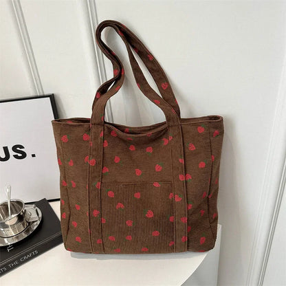 Corduroy Strawberry Shoulder Tote Bag – Large Capacity Women’s Handbag