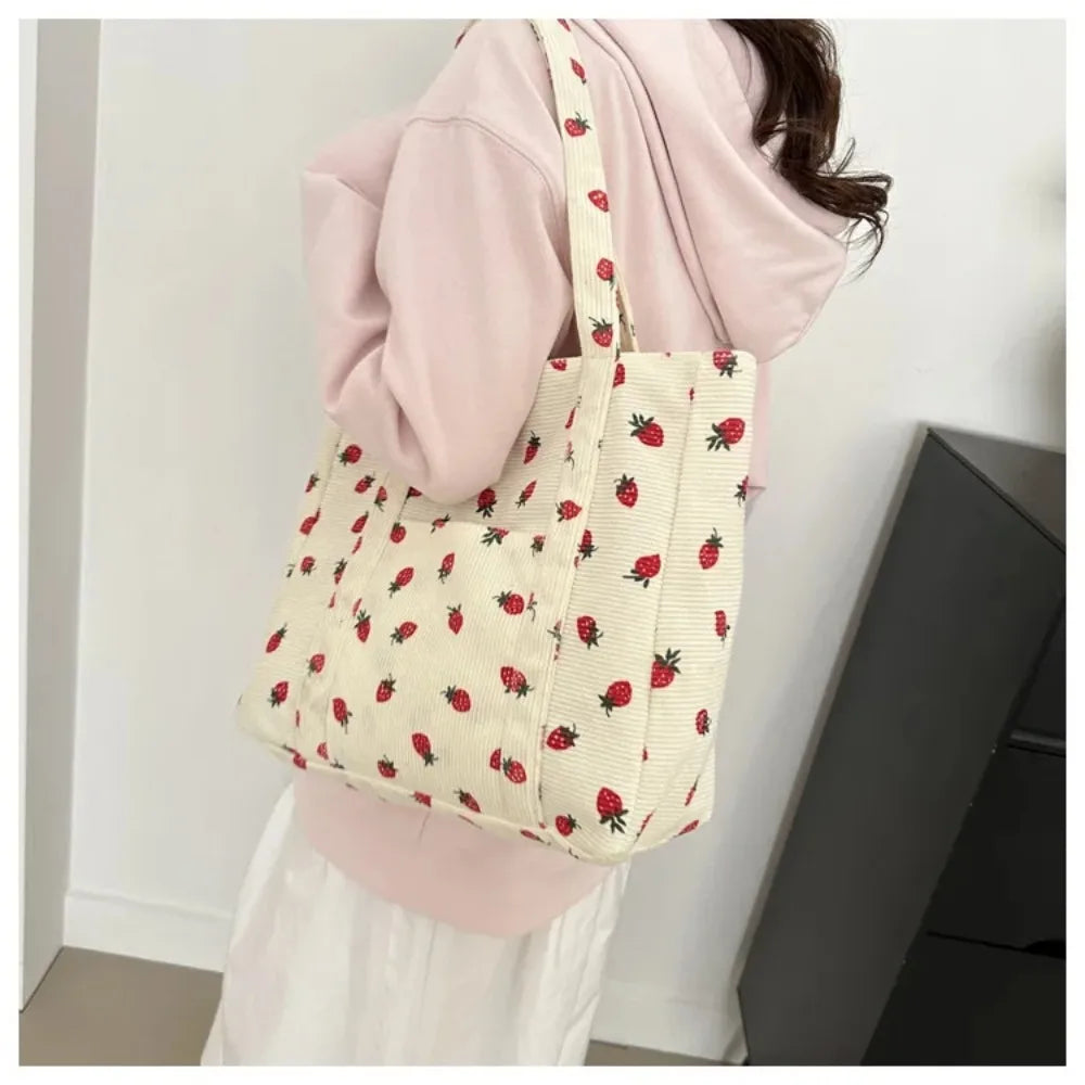 Corduroy Strawberry Shoulder Tote Bag – Large Capacity Women’s Handbag